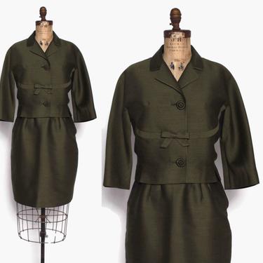 Vintage 60s Silk SUIT / 1960s Dark Olive Green Silk Wool Blend Blazer Jacket &amp; Pencil Skirt Set 