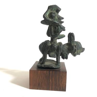 Small vintage Figurative African Dogon (Mali) Bronze Sculpture mounted on wood 