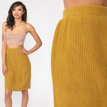 Knit Pencil Skirt 80s Mustard Yellow Skirt High Waisted Sweater Skirt Light Academia 1980s Vintage Miniskirt Small Medium 