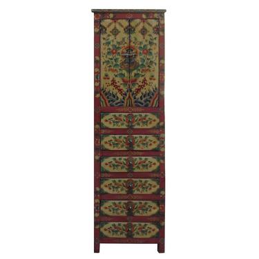 Chinese Tibetan Flower Graphic Tall Slim Multi Drawers Cabinet cs3941S