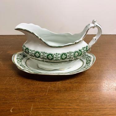 Antique Bishop and Stonier Roden Green Gravy Boat and Underplate Transferware 