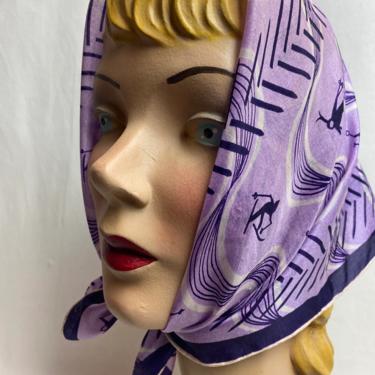 1950’s silk scarf~ hair tie~ necktie~ 40’s 50’s novelty print~ winter skiing figures~ purple violet~ head scarves 
