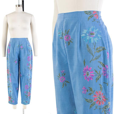 Vintage 1950s Capri Pants | 50s Floral Striped Blue Cotton High Waisted Trousers (small) 