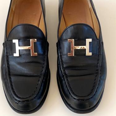 Vintage HERMES H Logo Silver / BLACK Leather Loafers Driving Flats Shoes It 38.5 us 8 - 8.5 