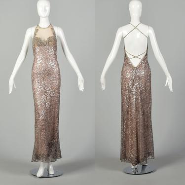 Bob Mackie Backless Formal Gown Metallic Silver Lace Evening Dress Beaded Nude Illusion 