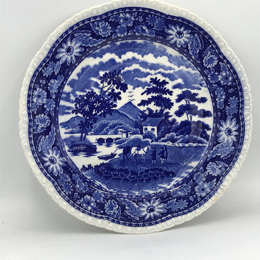 Vintage Flow Blue transferware Old English  Scene Plate- Marked Japan in Blue - Circa 1930's - 1940's 