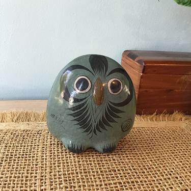 Tonala Mexican Folk Art Owl Blue, Hand-painted Vintage Mexican Folk Art, Whimsical Owl Figurine, Clay Sculpture 