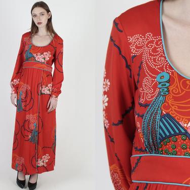 Don Luis de Espana Dress / Red Mandarin Style Asian Maxi Dress / 70s Psychedelic Spanish Floral Dress / Long Lounge Jersey Maxi Dress 