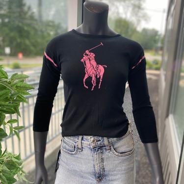 RALPH LAUREN Vintage Early 2000s Pink Pony Polo Logo 3/4 Sleeve Top - Size S - 100% Cotton - Striped Sleeves 