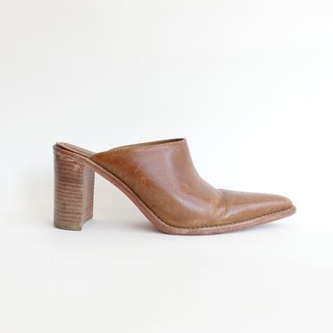 Vintage 90s Leather Western Mules with Stacked Wooden Heel/ 1990s Bebe Pointed Toe Slip On Block Heel Shoes/ Size 7 