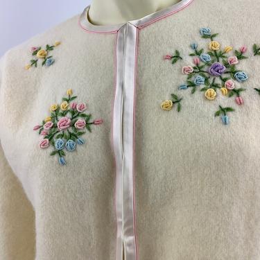 1950'S Cardigan Sweater - Hand Embroidered Flowers - 2-Tone Pink Satin Trim - Satin Lined - Tailored Medium 