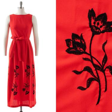 Vintage 1970s Wrap Dress | 70s SWIRL Floral Embroidered Border Print Red Cotton Maxi Sundress with Pockets (x-small/small) 