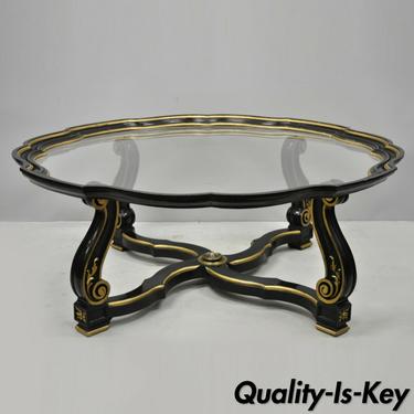 Vtg Black &amp; Gold French Hollywood Regency Tray Coffee Table w/ Scalloped Edge