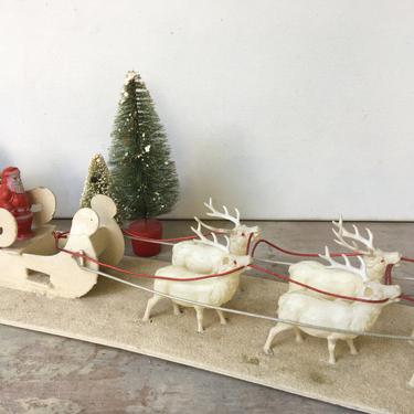 Vintage Celluloid Santa And Six Reindeer On Flocked Cardboard Base, Shabby Christmas Decor, PLEASE Review All Photos And READ 