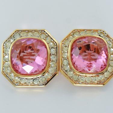 80's Nina Ricci 22k gold plate pink clear crystal earrings, big emerald cut halo octagonal bling clip on statements 