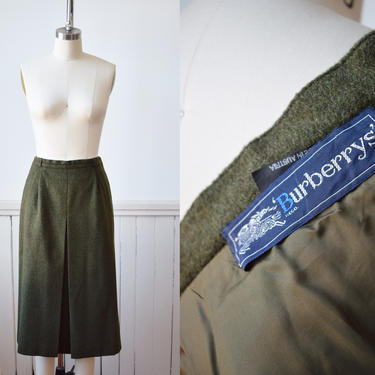 Vintage Burberry Moss Green Alpaca/Wool Blend Midi Skirt | S/M | 1990s Classic A-Line Skirt by Burberry's London 