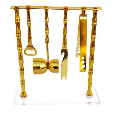 GLAM Gold Faux Bamboo &amp; Lucite Cocktail Bar Tools Set || Chinoiserie Chic Barware || Tool Caddy Stand Jigger Tongs Knife Speed Opener 