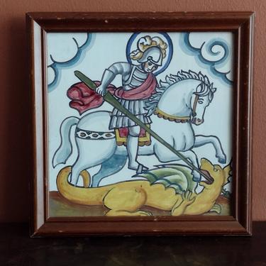 Vintage Framed Hand Painted Ceramic Tile Medieval Knight on Horse Slaying Dragon 9x9 