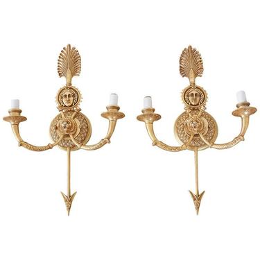 Pair of French Gilt Bronze Neoclassical Arrow Sconces by ErinLaneEstate