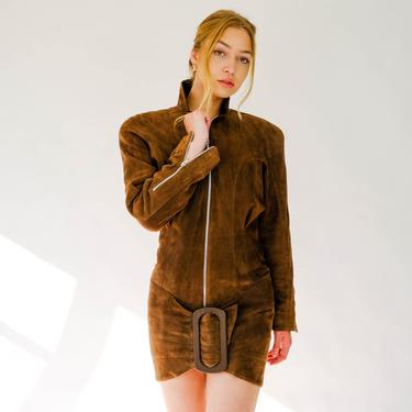Vintage 80s THIERRY MUGLER Mocha Brown Ultra Soft Suede Power Dress w/ Oversized Buckle | Made in France | 1980s MUGLER French Jacket Dress 