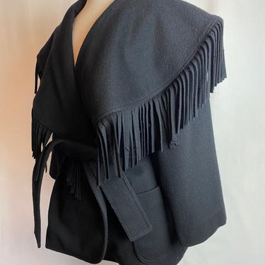 90’s black felted wooly coat~ fringed wide shawl collar Americana style belted jacket~ huge patch pockets stylish Southwestern style LG 