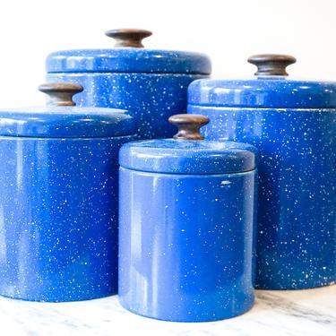 Set of 4 Vintage Blue Enamel Canisters with Original Lids - Made in the USA by Ransburg 
