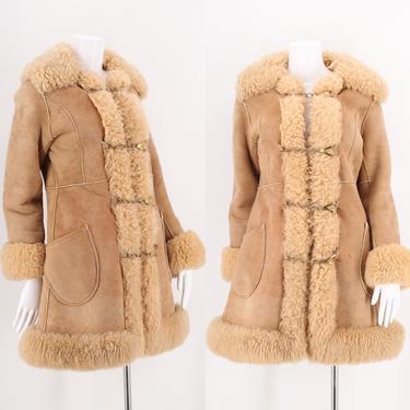70s PENNY LANE beige suede &amp; shearling trim coat / vintage 1970s chain link almost famous COAT fur jacket M 