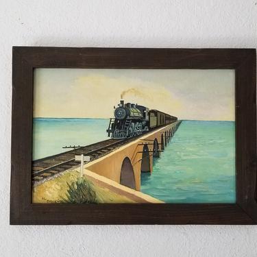 1976 Al Perez Train Crossing the Bridge Oil Landscape Painting . 