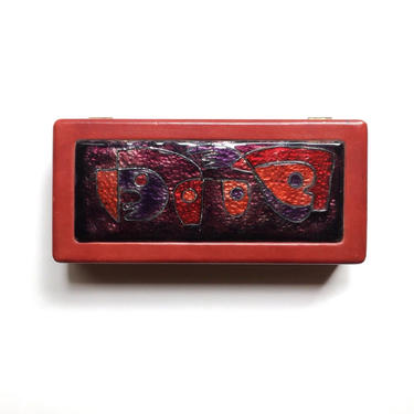 Modernist Enamel Leather Box Red &amp; Purple, 1960s Vintage Joan Miro Style 