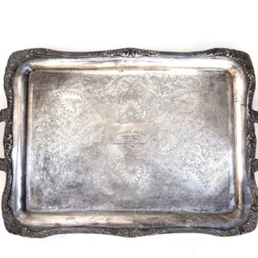 Gorgeous Antique ROGER'S &amp; BRO 1792 Footed Butler Tray | 27x16 Ornate Etched Holloware Handled Waiters Tray Discontinued Pattern | 9.3 LBS. 