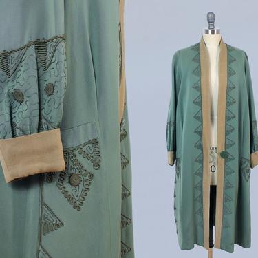 1920s Coat / 20s Sage Green and Tan Jacket / Soutache Details 