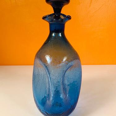 Blenko Blue Pinched Crackle Glass Decanter 