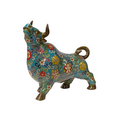 Oriental Metal Turquoise Blue Enamel Cloisonné Ox Bull Cow Figures ws1908E 