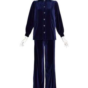 Yves Saint Laurent Vintage Early 1970s Midnight Blue Velvet Jacket Wide Leg Pant Suit Ensemble
