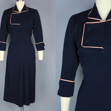 1950s GABARDINE Dress | Vintage 50s Fitted Day Dress with Asymmetrical Neckline | xs / s 
