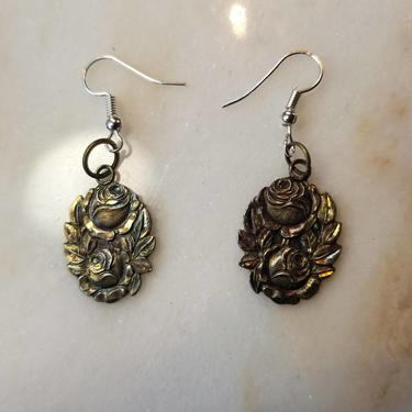 Vintage Sterling Silver Rose Floral Religious Earrings with Images of Jesus, Mary - Marked Sterling, Acid Tested 