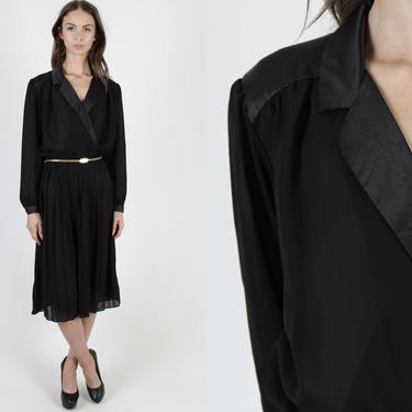 Vintage 80s Satin Tuxedo Dress / Sheer Black Cocktail Party Dress / Plain Simple Pleated Evening Midi Mini Dress 