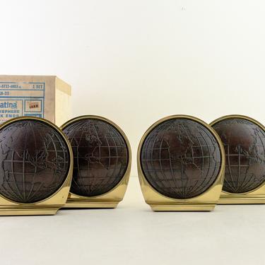Matina Faux Leather and Brass Bookend Pair, Brown Leatherette and Laquered Brass Hemisphere Globe Book Holders 