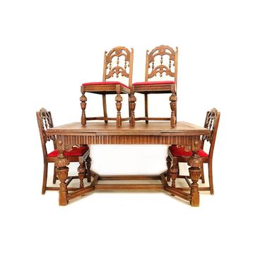 Antique Dining Set In Red Suede 