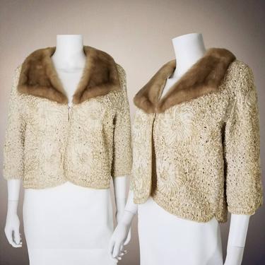 Vintage Soutache Fur Jacket, Medium / 1950s Mink Collar Cropped Jacket / Soutache Ribbonwork Silk Jacket / 1950s Party Dress Topper 