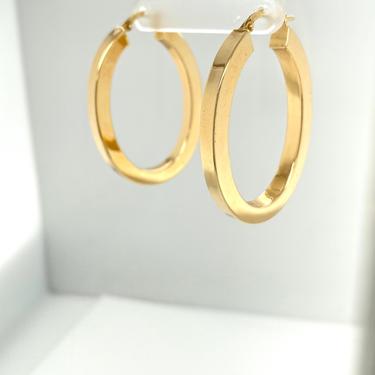 Modernist 14k Yellow Gold Oval Hoop Pierced Earrings Hallmarked Italy 