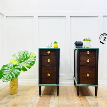 Mid Century Nightstands/Boho inspired Side tables (pair)/ Green and wood bed side tables 
