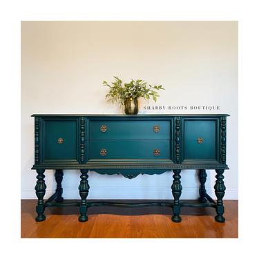 NEW- Stunning antique buffet in Dark Turquoise green Vintage jacobean sideboard cabinet. Teal green blue + brass hardware. San Francisco by Shab