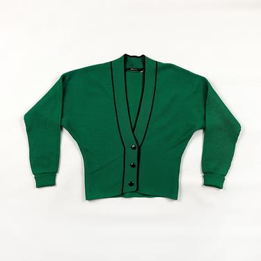 1930s 1940s Kelly Green and Black Cardigan Sweater / Wool / S / Small / Batwing / Vintage Sweater / Pin Up / Noir / Holiday / Ribbed / 