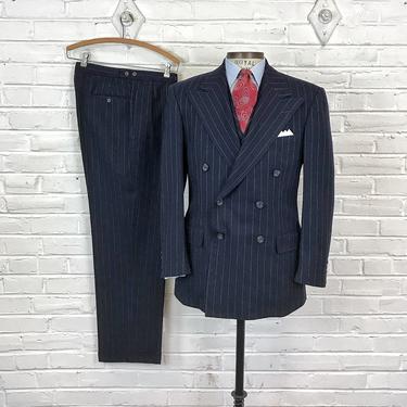 Size 40, 35x32 Vintage Men’s 1980s 1990s Polo Ralph Lauren 3pc Navy Pinstripe Double Breasted Wool Suit with Lapeled Vest 