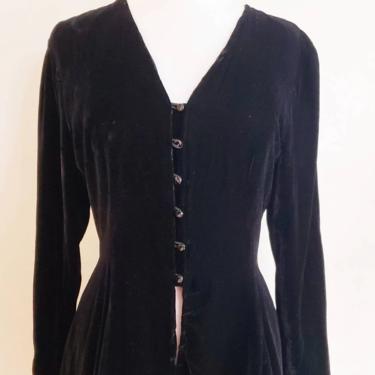 1990s Black Velvet Tunic Button Down / 90s Dorene Falk Silk Velvet Long Sleeved Jacket / Medium 