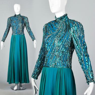 Medium Bob Mackie Chiffon Formal Dress Flowy Silk Dress Beaded Sequin Formal Gown  Teal Evening Gown 