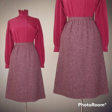 Vintage Tweed Skirt, Medium / Burgundy Woven Wool Skirt / Straight Midi Office Skirt / 1970s Pencil Skirt with Pockets / Dark Academia Skirt 