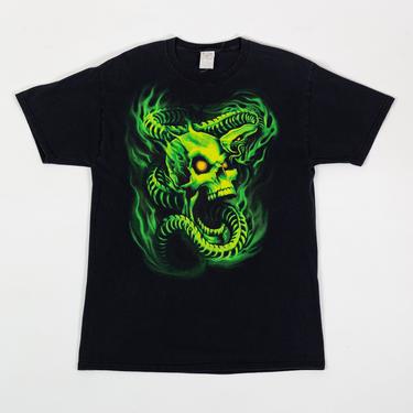 Vintage Skull & Snake Graphic Tee - Medium | Y2K Black Green Ghost Skeleton T Shirt 