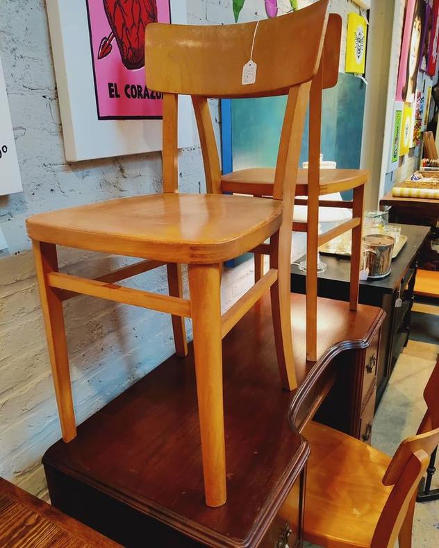 Wood "school" chairs. 16" wide 15.5" deep 32" tall. Seat is 18" tall. 3 available. 